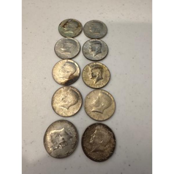 10 - Late 1960's 40% Silver Kennedy Half Dollars - Face Value: $5.00