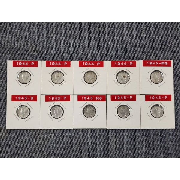 Ten Assorted Silver Mercury Dimes in Great Condition in Sleeves - $1.00 Face Value