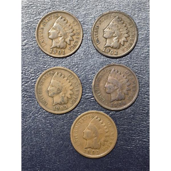 5 Pc - Indian Head Cents - 1901 Thru 1905 - See Pics