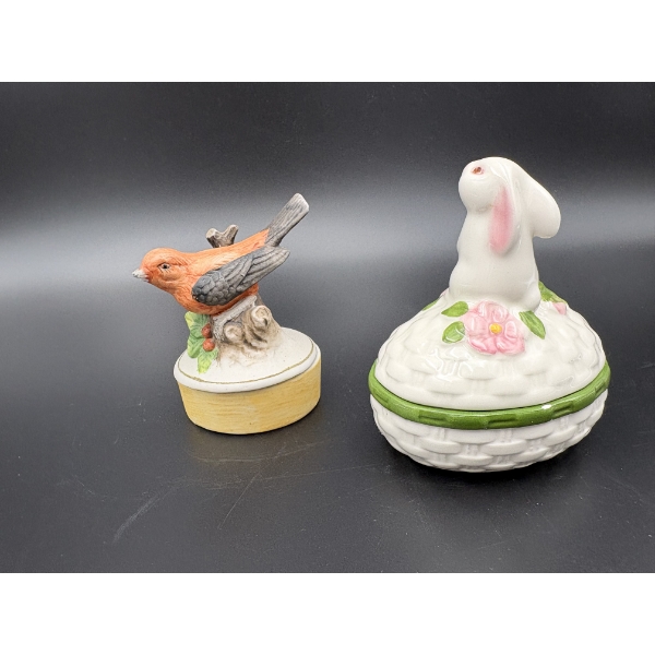 2 Trinket Boxes - Bunny & Bird - Bunny is hand painted in Brazil - Exclusively for Avon Products INC