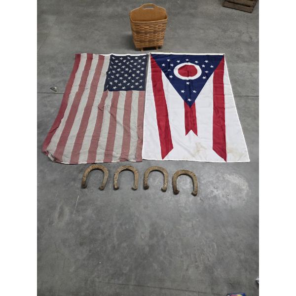 Vintage Collectables Including Two 3'x5' Flags, Horse Shoes, & Handmade Carnation 9.5'' x 16'' x 13'