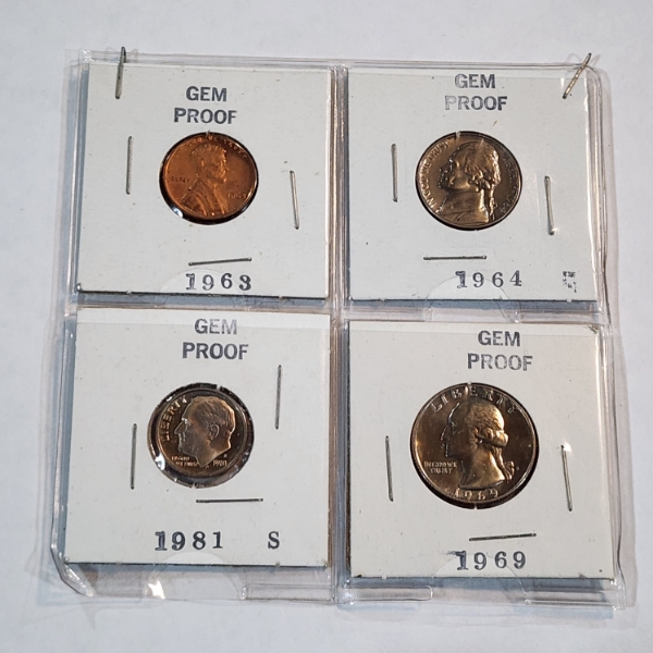 Four United States GEM Proof Coins: Penny, Nickel, Dime, Quarter