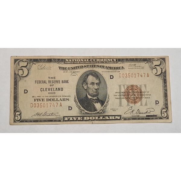 Series 1929 $5 National Currency Bank Note From The Federal Reserve Bank Of Cleveland-Face Value: $5