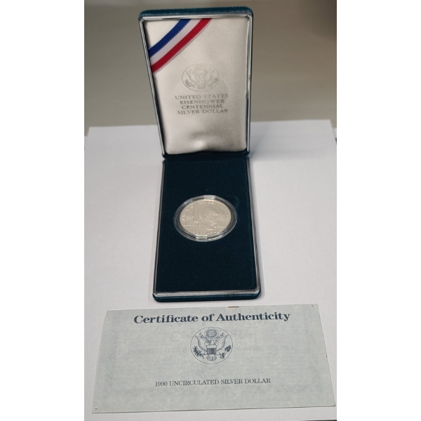 U.S 1990-P Uncirculated Eisenhower Centennial Commemorative 90% Silver Dollar In Original Packaging
