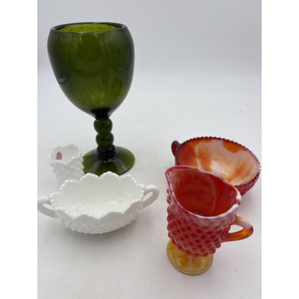 5 Glassware Items - 1 Fenton - Green Handblown by Rainbow Goblet