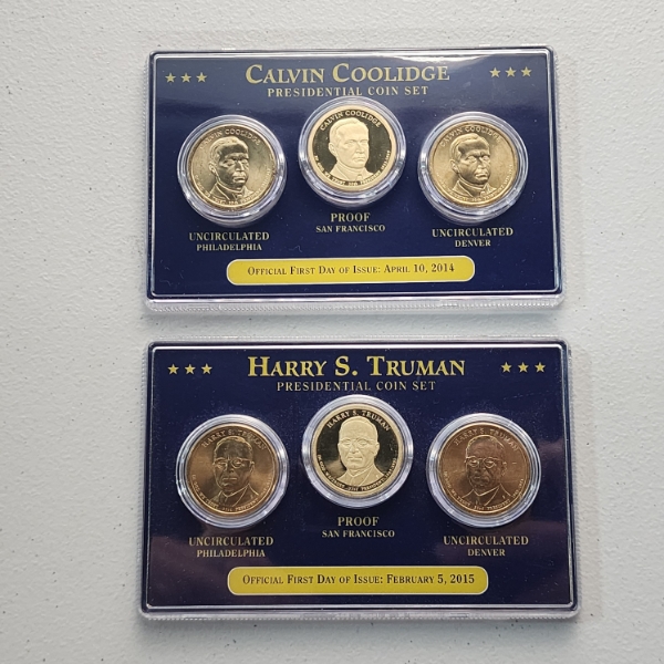 Two U.S. Presidential Dollar Coin Sets FDOI: Coolidge & Truman - Face Value: $6.00