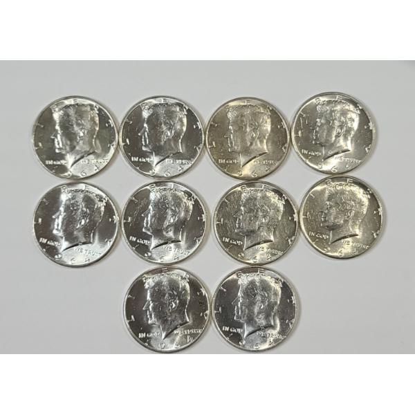 (10) Brilliant Uncirculated United States 90% Silver 1964 Kennedy Half Dollars - Face Value: $5.00