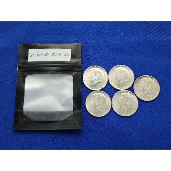 (5) 1964 90% Silver Kennedy Half Dollars FV: $2.50
