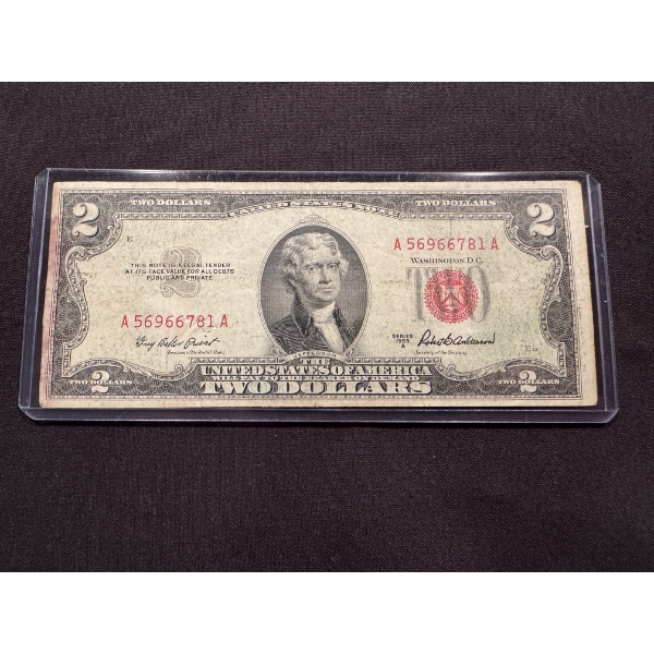 1953 United States Thomas Jefferson $2.00 Bill In Protective Holder - Authentic Bill