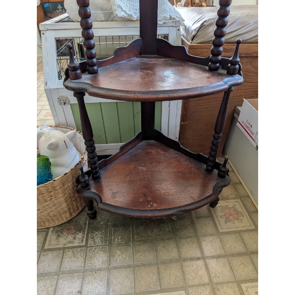 Pretty Wood Corner Shelf, Tiffany Style Candle Lamp, Basket Of Mostly Pig Figurines