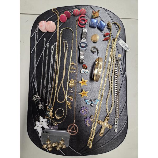 Vintage Costume Jewelry Collection Including Necklaces, Pins, Digital Watch, Gold Tone Bangle & Much