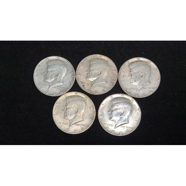 (5) 1964 90% Silver Kennedy Half Dollars - Face Value: $ 2.50