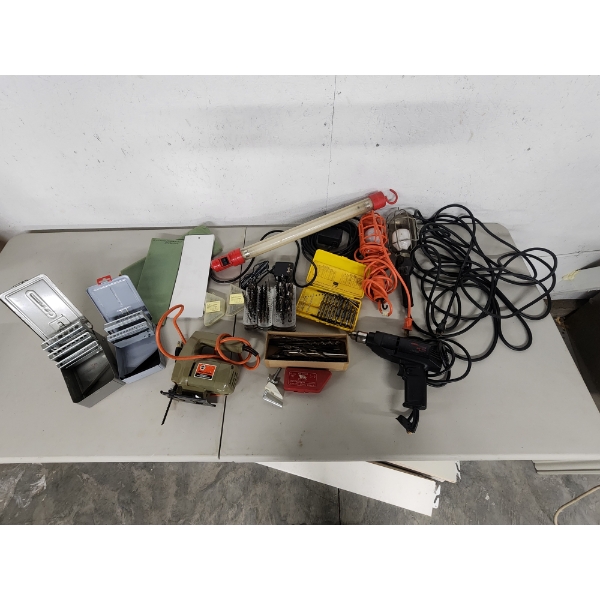 Assorted Tools, Drill Bits, Work Lights, Jigsaw