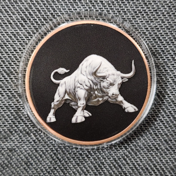 One Troy Ounce .999 Fine Copper Round ~ Colorized Black Ft. Bear On One Side & Bull on The Other