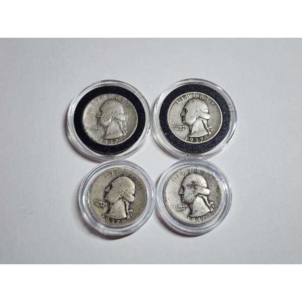 (4) Silver Washington Quarters in Capsules: (3) 1937 & 1940 Face Value: $1.00