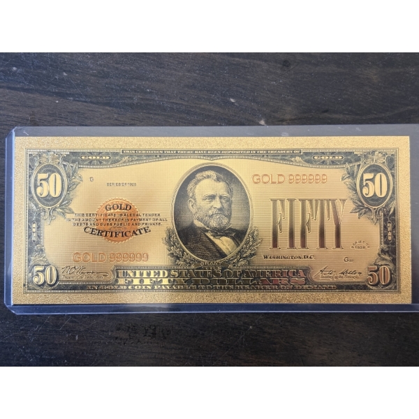 $50 Gold Certificate Gold Back .999999 - 24K Gold Back In Protective Holder - Mint Condition