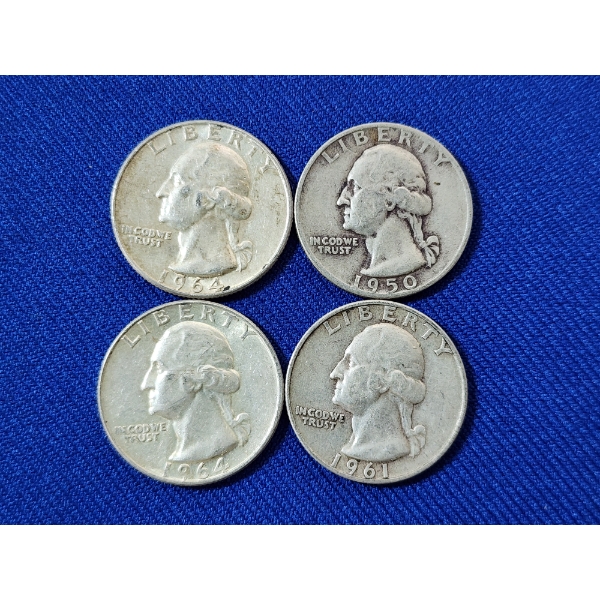 x4 Assorted Years U.S. 90% Silver Washington Quarters FV: $1.00