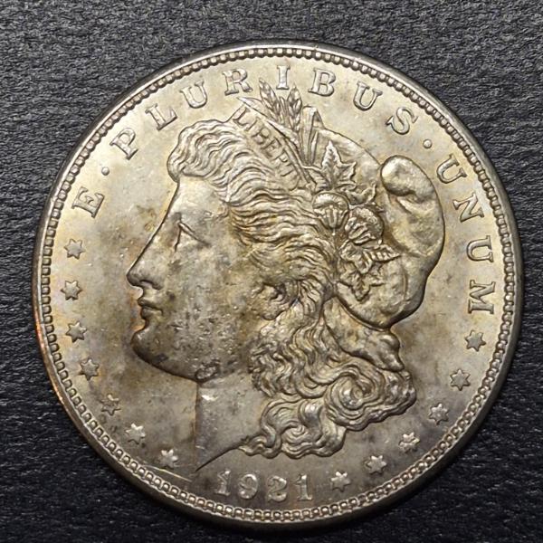 1921 S  Uncirculated Morgan Silver Dollar - Gold Toning Both Sides - See Pics