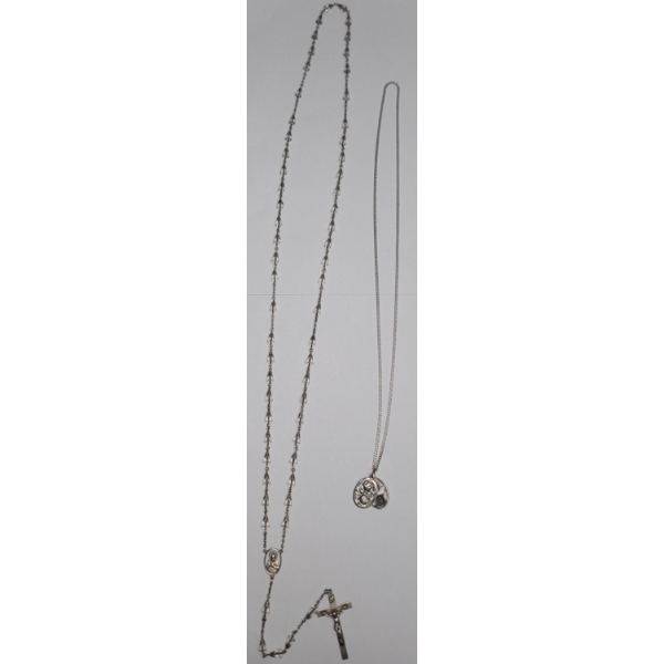 Sterling Silver Catholic Beaded Rosary & Sterling Silver Sliding Rose Necklace - Weight: 56.3g