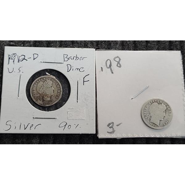 1898 & 1912-D Barber 90% Silver Dimes