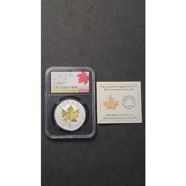 2019 NGC Canadian 4Oth Anniversary PF 70 REV PF GILT Incuse $20 1 oz 9999 Silver Maple Leaf 