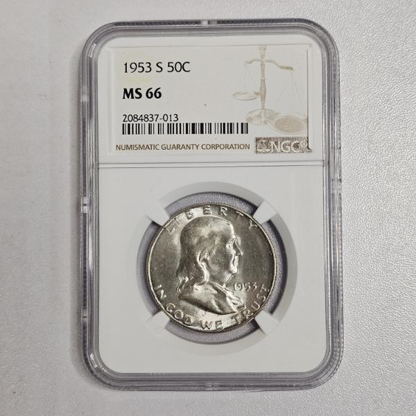1953-S Benjamin Franklin 90% Silver Half Dollar NGC Graded MS 66