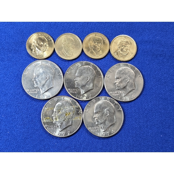 Lot of (9) Assorted $1 Coins - Eisenhower Dollars & Presidential Dollars FV; $9.00