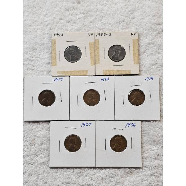 Lot of 5 Earlier Date Wheat Pennies Plus 2 Steel Pennies - AFV $.07