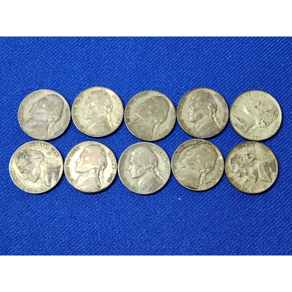 x10 Assorted Years Jefferson Wartime Nickels FV: $0.50
