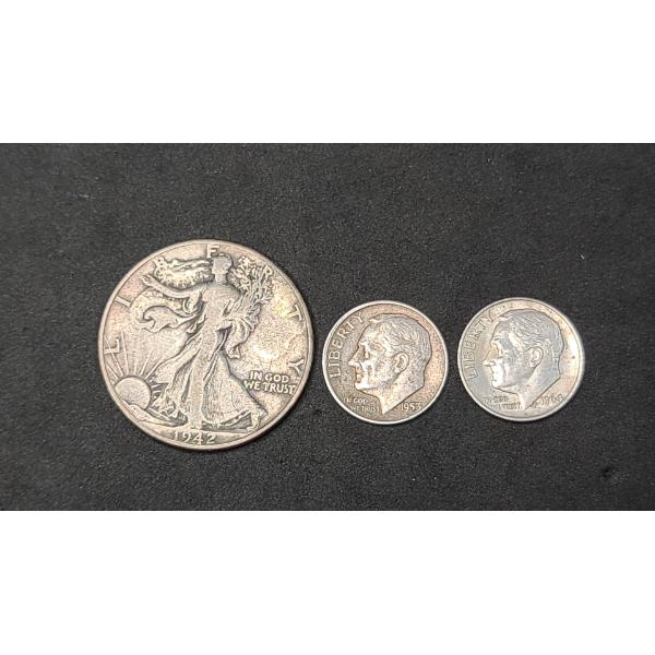 1942 Walking Liberty 90% Silver Half Dollar, 1953, 1964 90% Silver Roosevelt Dime -Face Value: $0.70