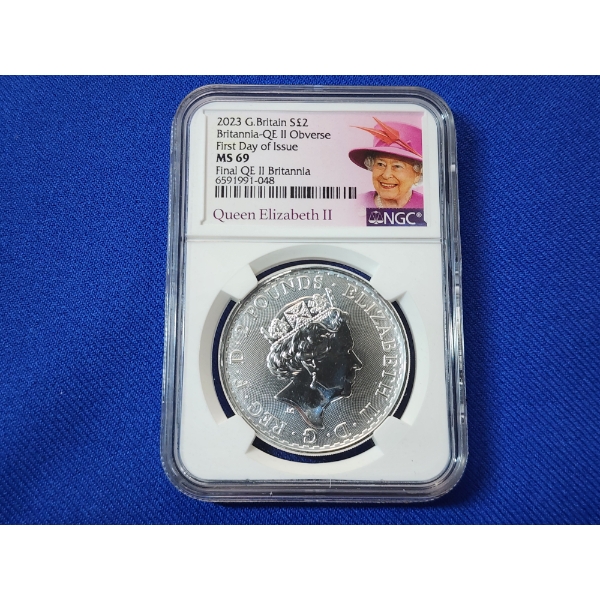 2023 Great Britain Britannia - Queen Elizabeth II FDOI 1oz .999 Fine Silver Coin NGC MS 69