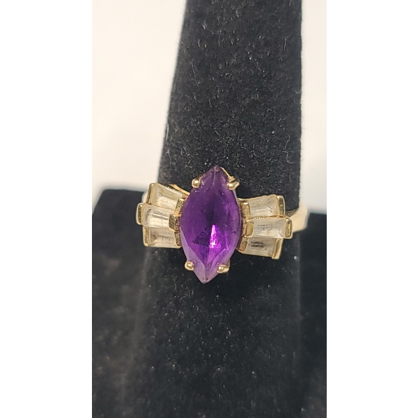14K Gold Marquise-Cut Amethyst Stone & Baguette-Cut Clear Crystal - Size 5 - Weight: 3.1g