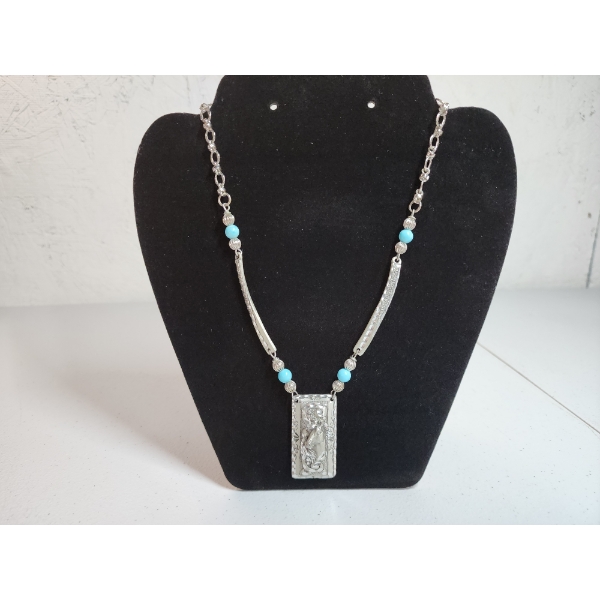 Silver-Tone Fashion Necklace with Horse Design and Turquoise Stones