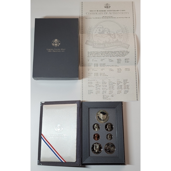 1991 U.S. Mount Rushmore 7-Coin Prestige Set Including 90% Silver Dollar - OGP Packaging & CoA 