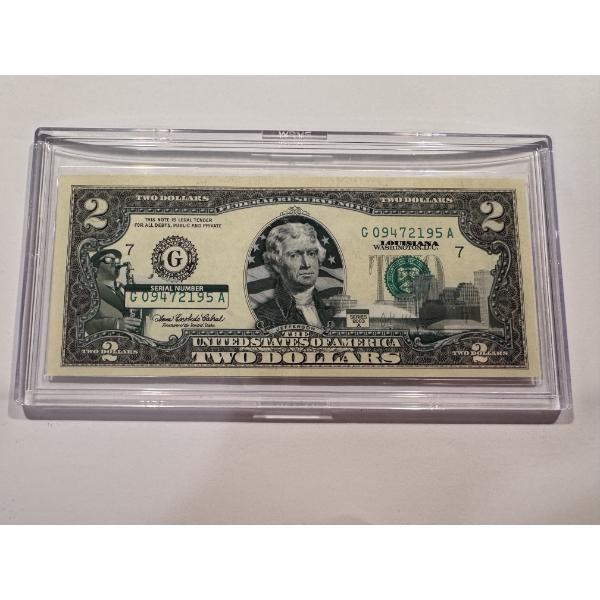 2003 United States Jefferson LOUISIANA $2.00 Bill In Hard Case Holder - Mint Condition - RARE