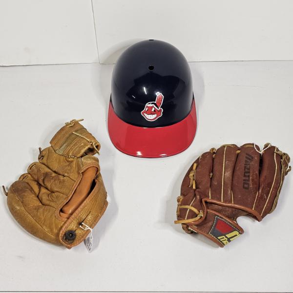 Collection of 3 Vintage Baseball Memorabilia and Gear ft. Chief Wahoo Helmet and Vintage Gloves