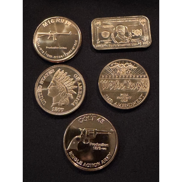 5 Different .999 Fine Copper One Troy Ounce Coins & Bar