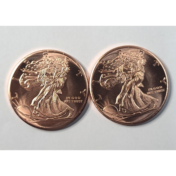 (2) Walking Liberty Design 1 Ounce .999 Pure Copper Bullion Rounds