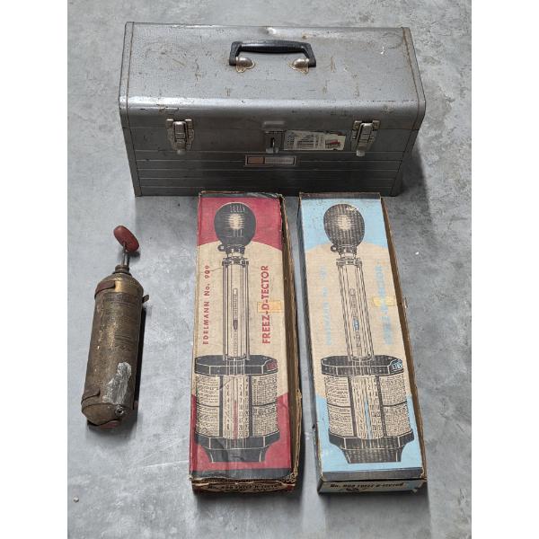 Vintage Collectables Including 2 Freeze Detectors, Fire Extinguisher, And 20'' Craftsman Toolbox