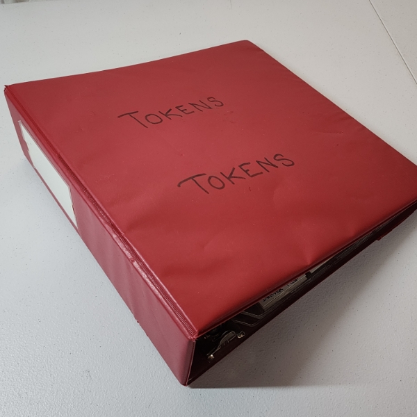 Large Red Binder with Two Pages of Assorted Tokens, Medals, Commemoratives - See Photos! 