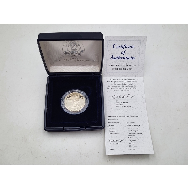 U.S. 1999 Susan B. Anthony Proof Dollar Coin with Box & CoA