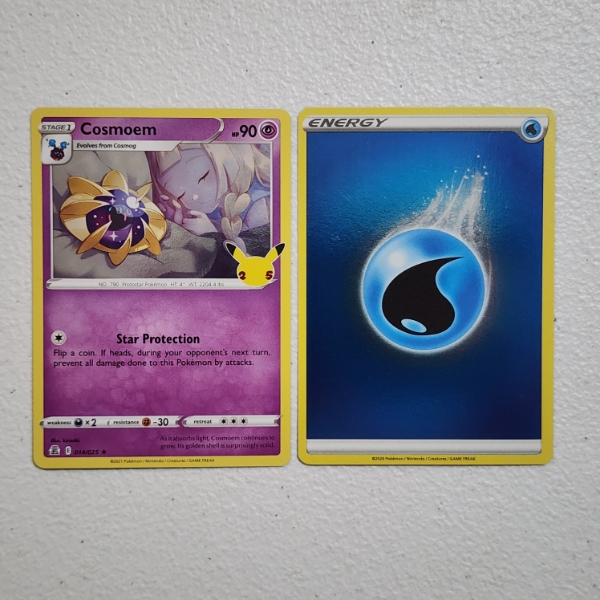 Two Mint Condition Pokemon Trading Cards Holo Rare 25th Anniversary Cosmoem & Holo Water Energy