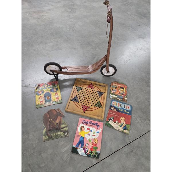 Vintage Toy Collection Including Metal 36''x31'' Push Scooter, Books, & More