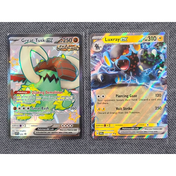 Two Holo Rare Near Mint Pokemon Trading Cards Ft. Black Star Promo Shiny Great Tusk ex & Luxray ex