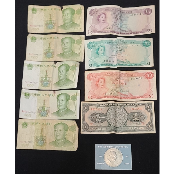 Lot Of Assorted Foreign Currency & 1874 Winston Churchill Memorial Crown Coin