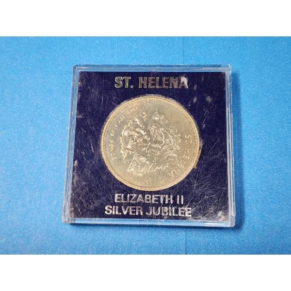St. Helena Elizabeth II "Silver Jubilee' 25 Pence Coin in Display 