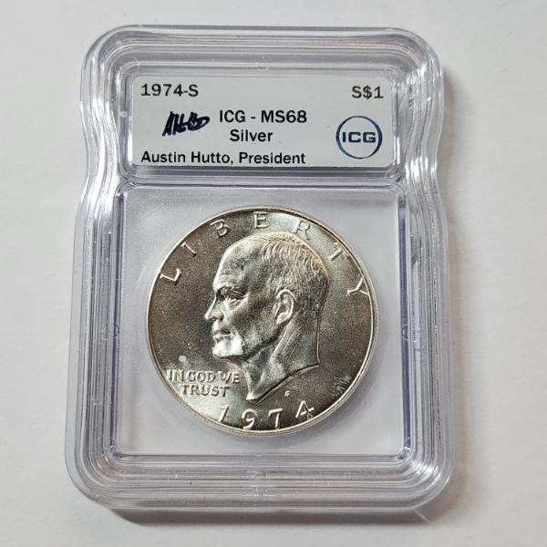 PCGS Graded MS68 1974-S Silver Eisenhower Dollar Signed by Austin Hutto