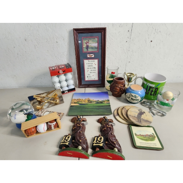 Lot of Assorted Golf/Dad Decor and Collectibles - Including New 24 Pack of Golf Balls