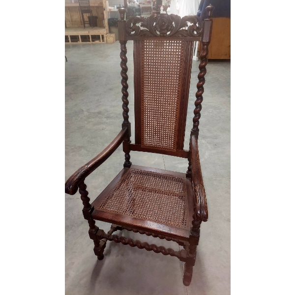 Important Antique Intricately Worked Tall Cane Seat & Backed Wooden Arm Chair 2nd of 2 Offered 