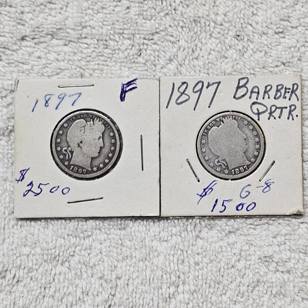 Two 1897 Barber Quarters in Cardboard 2x2 Holders composed of 90% Silver FV $.50